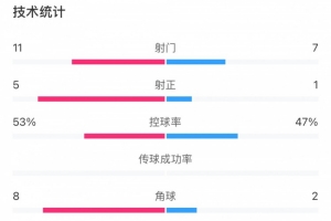 全场数据：申花射门11比7射正5比1占优 下半场多一人仍被国安逼平