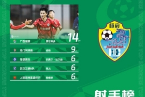 中乙射手榜：费尔南多14球居首 陈龙6球跻身前五