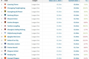 中甲球队身价排行：辽宁铁人居首 重庆铜梁龙&广东广州豹紧随其后