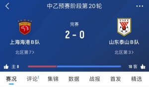 中乙第20轮：上海海港B队2-0山东泰山B队，张俊杰点射&廖重九破门