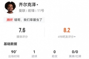 齐尔克泽本场1射进1球 20丢失球权+15对抗8成功 获评7.6分