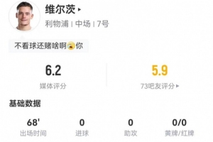 维尔茨本场0射门+2关键传球 3对抗1成功 多项数据挂零 仅获6.2分