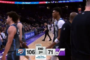 差距悬殊！爵士三节71-106落后雷霆35分 三节得分比雷霆半场少3分