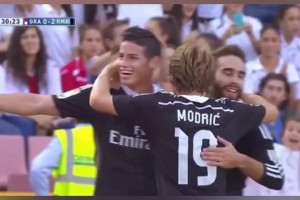 这个进球满分！本泽马脚后跟挑球！J罗不停球直接抽射破门！